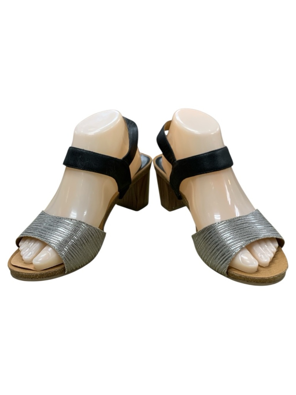 Caprice Metallic Silver&Black Block Heel Sandals Open Toe Slingback S6.5